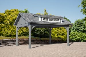12x16 Closed A-Frame Pavilion with transom dormer, gray shingle roofing, and stained gray.