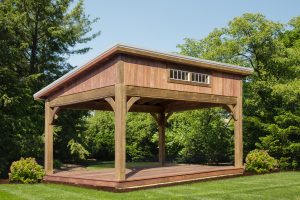 Lean-To Pavilion made from wood with a gray metal roof and vents
