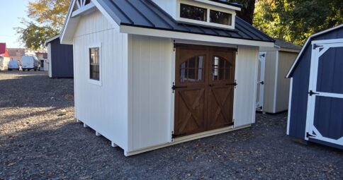 10x12 Stock #80-26 Wood Farmhouse Shed with Standing Seam Metal Roof -